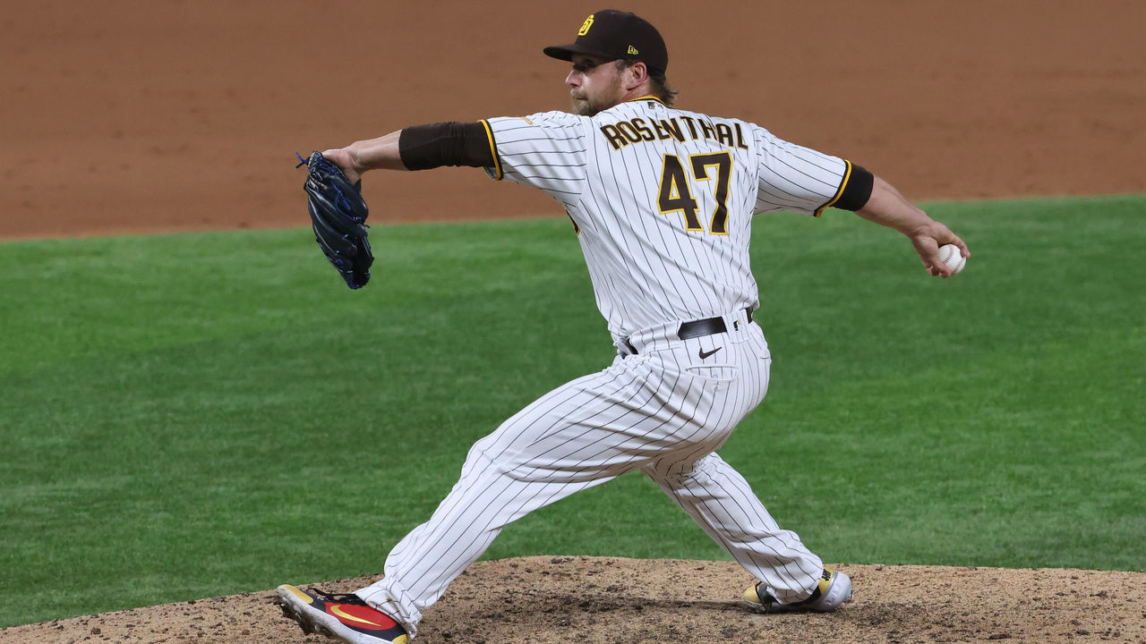 ARLINGTON, TEXAS - OCTOBER 08: Trevor Rosenthal #47 of the San Diego Padres pitches during the ninth inning against the Los Angeles Dodgers in Game Three of the National League Division Series at Globe Life Field on October 08, 2020 in Arlington, Texas.