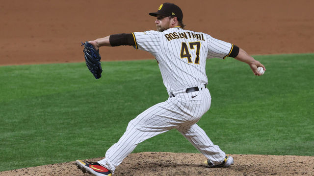 ARLINGTON, TEXAS - OCTOBER 08: Trevor Rosenthal #47 of the San Diego Padres pitches during the ninth inning against the Los Angeles Dodgers in Game Three of the National League Division Series at Globe Life Field on October 08, 2020 in Arlington, Texas.