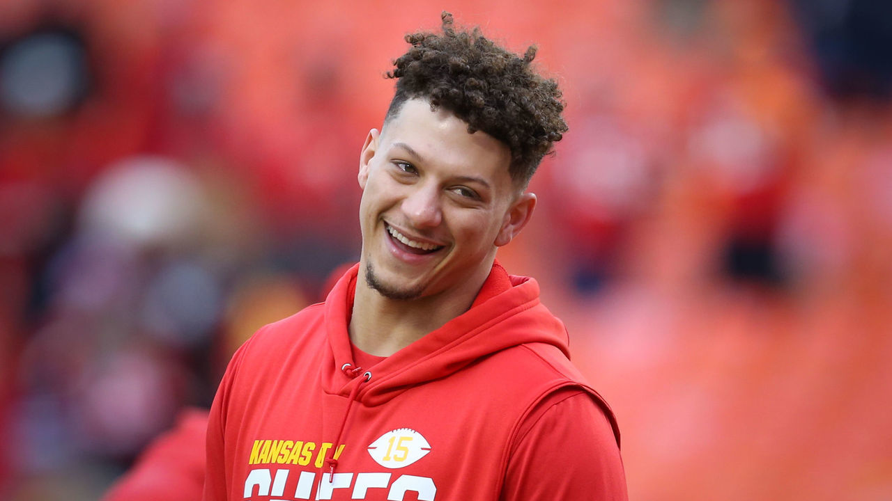 KANSAS CITY, MO - DECEMBER 29: Kansas City Chiefs quarterback Patrick Mahomes (15) laughs before an AFC West game between the Los Angeles Chargers and Kansas City Chiefs on December 29, 2019 at Arrowhead Stadium in Kansas City, MO.