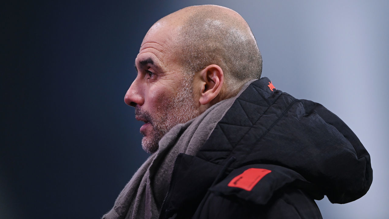 WEST BROMWICH, ENGLAND - JANUARY 26: Pep Guardiola, Manager of Manchester City looks on during the Premier League match between West Bromwich Albion and Manchester City at The Hawthorns on January 26, 2021 in West Bromwich, England. Sporting stadiums around the UK remain under strict restrictions due to the Coronavirus Pandemic as Government social distancing laws prohibit fans inside venues resulting in games being played behind closed doors.