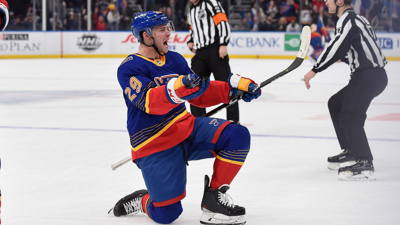 ST. LOUIS, MO - FEBRUARY 27: Vince Dunn #29 of the St. Louis Blues reacts after scoring a goal against the New York Islanders at Enterprise Center on February 27, 2020 in St. Louis, Missouri.