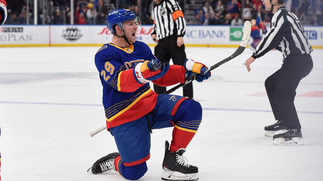 ST. LOUIS, MO - FEBRUARY 27: Vince Dunn #29 of the St. Louis Blues reacts after scoring a goal against the New York Islanders at Enterprise Center on February 27, 2020 in St. Louis, Missouri.