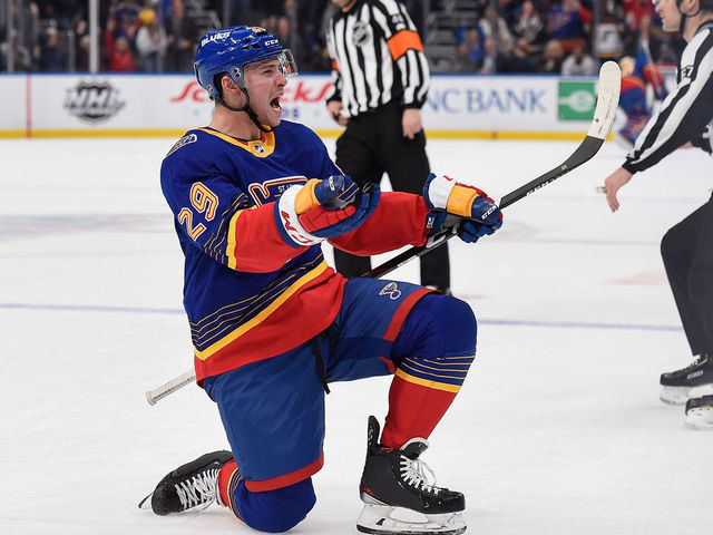 ST. LOUIS, MO - FEBRUARY 27: Vince Dunn #29 of the St. Louis Blues reacts after scoring a goal against the New York Islanders at Enterprise Center on February 27, 2020 in St. Louis, Missouri.