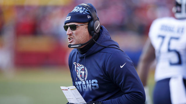 KANSAS CITY, MO - JANUARY 19: Tight ends coach Todd Downing of the Tennessee Titans looks on during the AFC Championship game against the Kansas City Chiefs at Arrowhead Stadium on January 19, 2020 in Kansas City, Missouri. The Chiefs defeated the Titans 35-24.