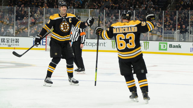 BOSTON, MA - OCTOBER 22: Zdeno Chara #33 and Brad Marchand #63 of the Boston Bruins celebrate their goal against the Toronto Maple Leafs at the TD Garden on October 22, 2019 in Boston, Massachusetts.