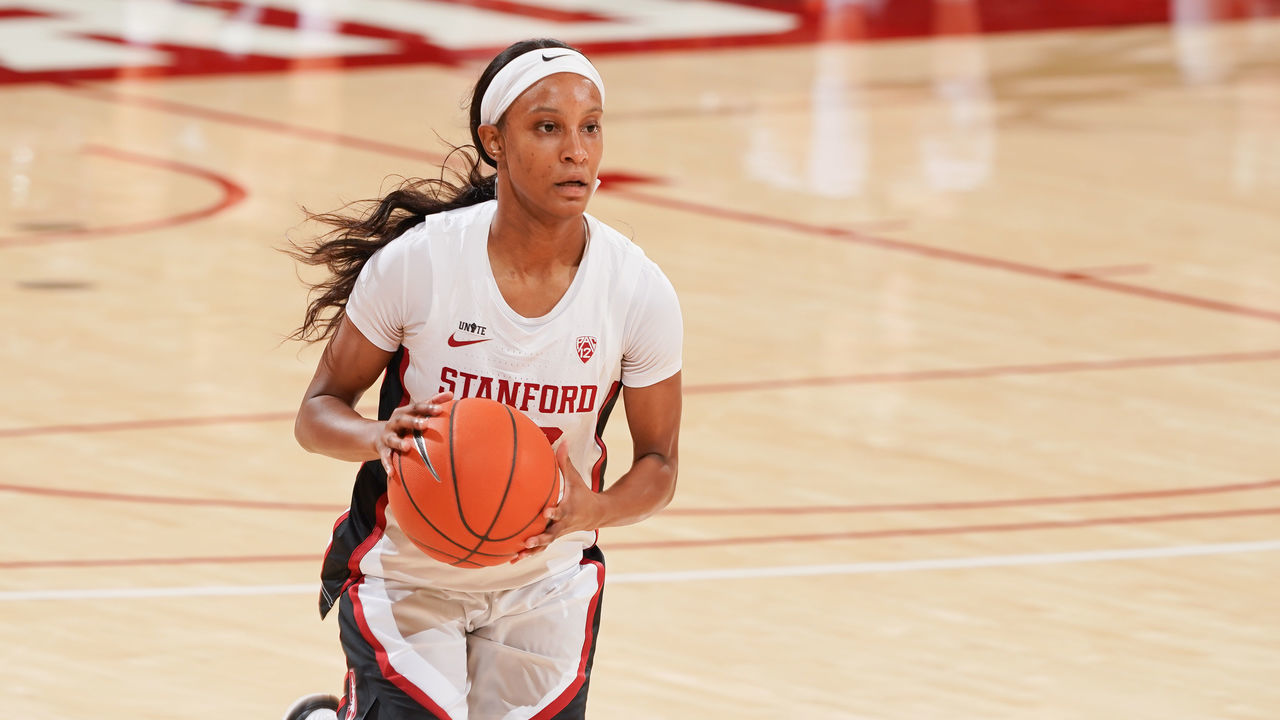STANFORD, CA - NOVEMBER 25: Kiana Williams carries the ball during a game between Cal Poly and Stanford Women's Basketball at Maples on November 25, 2020 in Stanford, California. .