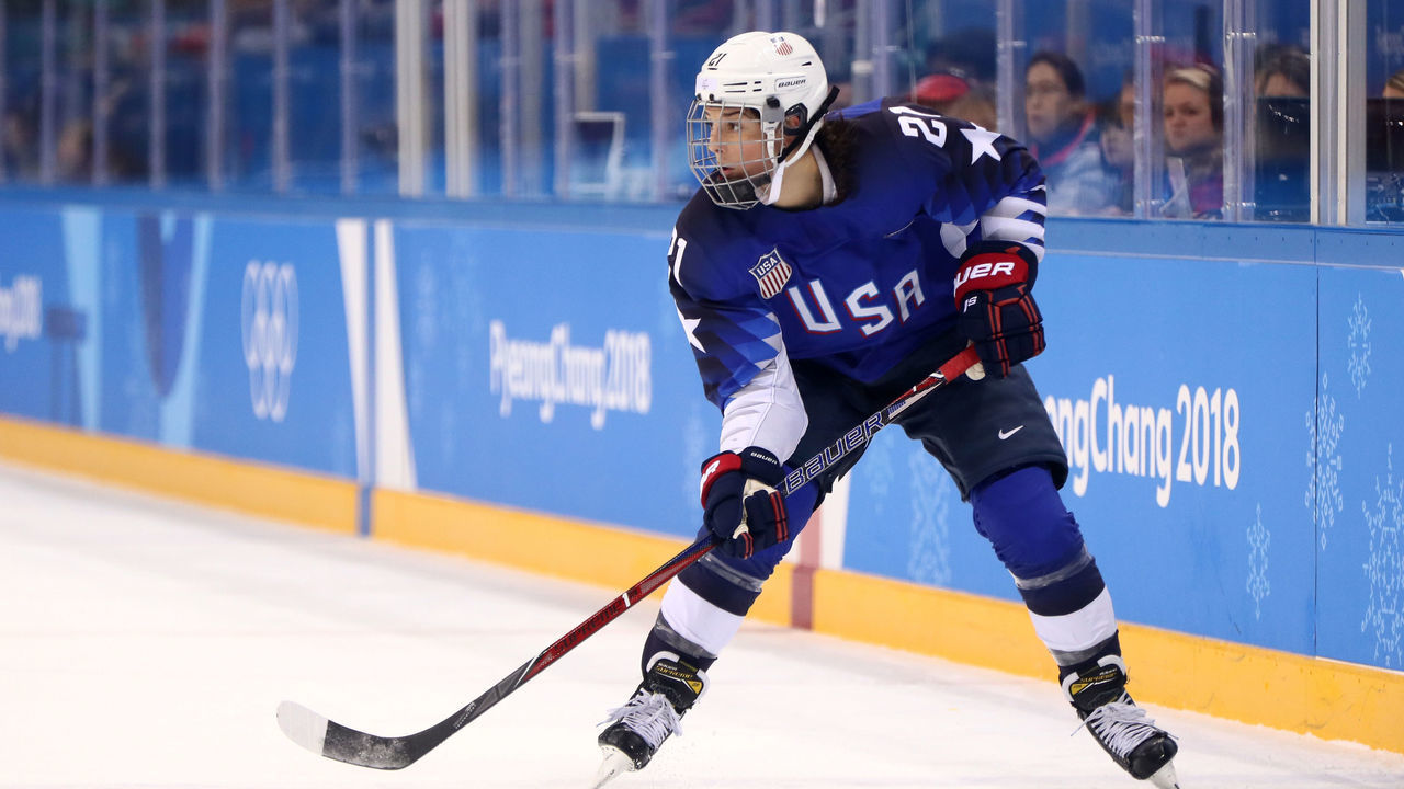 GANGNEUNG, SOUTH KOREA - FEBRUARY 22: Hilary Knight #21 of the United States skates with the puck in the first period against Canada during the Women's Gold Medal Game on day thirteen of the PyeongChang 2018 Winter Olympic Games at Gangneung Hockey Centre on February 22, 2018 in Gangneung, South Korea.