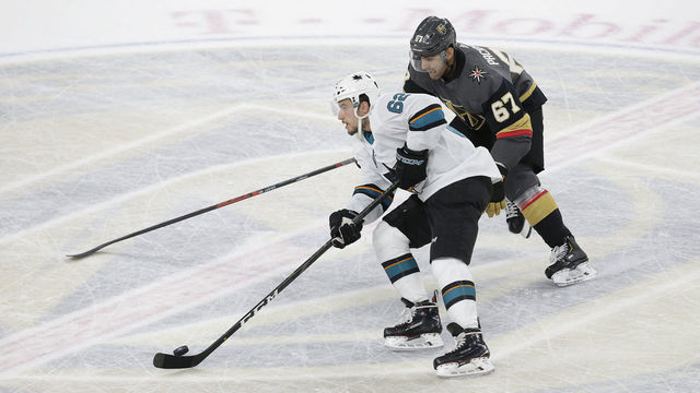 LAS VEGAS, NV - NOVEMBER 21: San Jose Sharks right wing Kevin Labanc (62) skates with the puck during a regular season game against the Vegas Golden Knights Thursday, Nov. 21, 2019, at T-Mobile Arena in Las Vegas, Nevada. (Photo by: Marc Sanchez/Icon Sportswire via Getty Images)