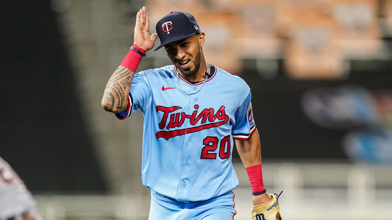 MINNEAPOLIS, MN - September 22: Eddie Rosario #20 of the Minnesota Twins celebrates against the Detroit Tigers on September 22, 2020 at Target Field in Minneapolis, Minnesota.