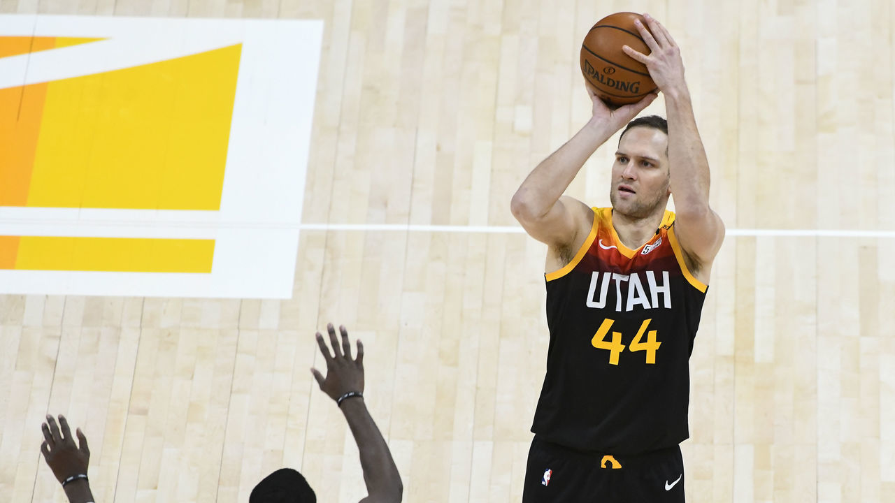 SALT LAKE CITY, UT - JANUARY 29: Bojan Bogdanovic #44 of the Utah Jazz shoots over Tim Hardaway Jr. #11 of the Dallas Mavericks during a game at Vivint Smart Home Arena on January 29, 2021 in Salt Lake City, Utah. NOTE TO USER: User expressly acknowledges and agrees that, by downloading and/or using this photograph, user is consenting to the terms and conditions of the Getty Images License Agreement.