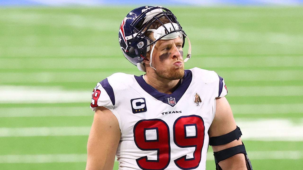 DETROIT, MI - NOVEMBER 26: J.J. Watt #99 of the Houston Texans looks on during a game against the Detroit Lions at Ford Field on November 26, 2020 in Detroit, Michigan.
