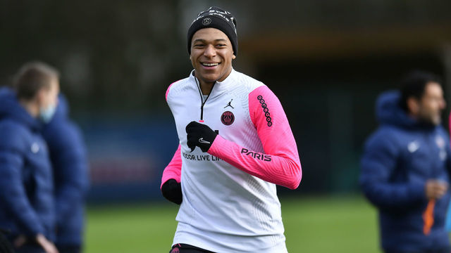 PARIS, FRANCE - JANUARY 30: Kylian Mbappe reacts during a Paris Saint-Germain training session at Ooredoo center on January 30, 2021 in Paris, France.