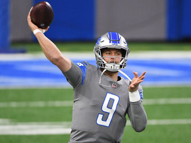 DETROIT, MICHIGAN - DECEMBER 26: Matthew Stafford #9 of the Detroit Lions warms up prior to a game against the Tampa Bay Buccaneers at Ford Field on December 26, 2020 in Detroit, Michigan.