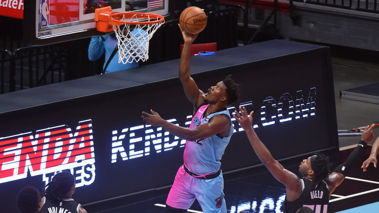 MIAMI, FL - JANUARY 30: Jimmy Butler #22 of the Miami Heat drives to the basket during the first quarter against the Sacramento Kings at American Airlines Arena on January 30, 2021 in Miami, Florida. NOTE TO USER: User expressly acknowledges and agrees that , by downloading and or using this photograph, User is consenting to the terms and conditions of the Getty Images License Agreement.