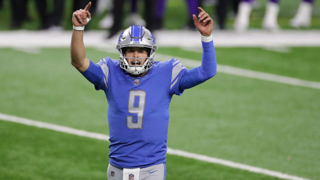 DETROIT, MICHIGAN - JANUARY 03: Matthew Stafford #9 of the Detroit Lions calls the play late in the fourth quarter of the game against the Minnesota Vikings at Ford Field on January 03, 2021 in Detroit, Michigan. Minnesota defeated Detroit 37-35.