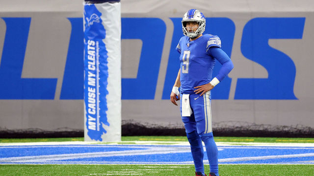 DETROIT, MICHIGAN - DECEMBER 13: Matthew Stafford #9 of the Detroit Lions reacts during the first half against the Green Bay Packers at Ford Field on December 13, 2020 in Detroit, Michigan.