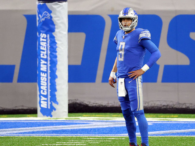 DETROIT, MICHIGAN - DECEMBER 13: Matthew Stafford #9 of the Detroit Lions reacts during the first half against the Green Bay Packers at Ford Field on December 13, 2020 in Detroit, Michigan.