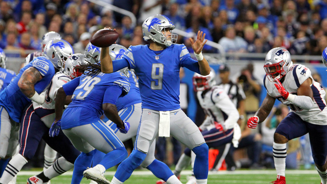 Detroit Lions quarterback Matthew Stafford #9 prepares to pass during the first half of an NFL football game against the New England Patriots in Detroit, Michigan USA, on Sunday, September 23, 2018.