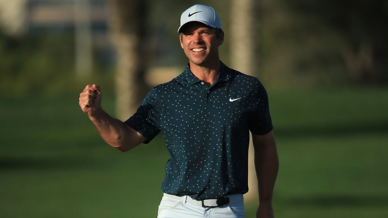 DUBAI, UNITED ARAB EMIRATES - JANUARY 31: Paul Casey of England celebrates after claiming victory on the 18th hole during the final round of the Omega Dubai Desert Classic at Emirates Golf Club on January 31, 2021 in Dubai, United Arab Emirates.