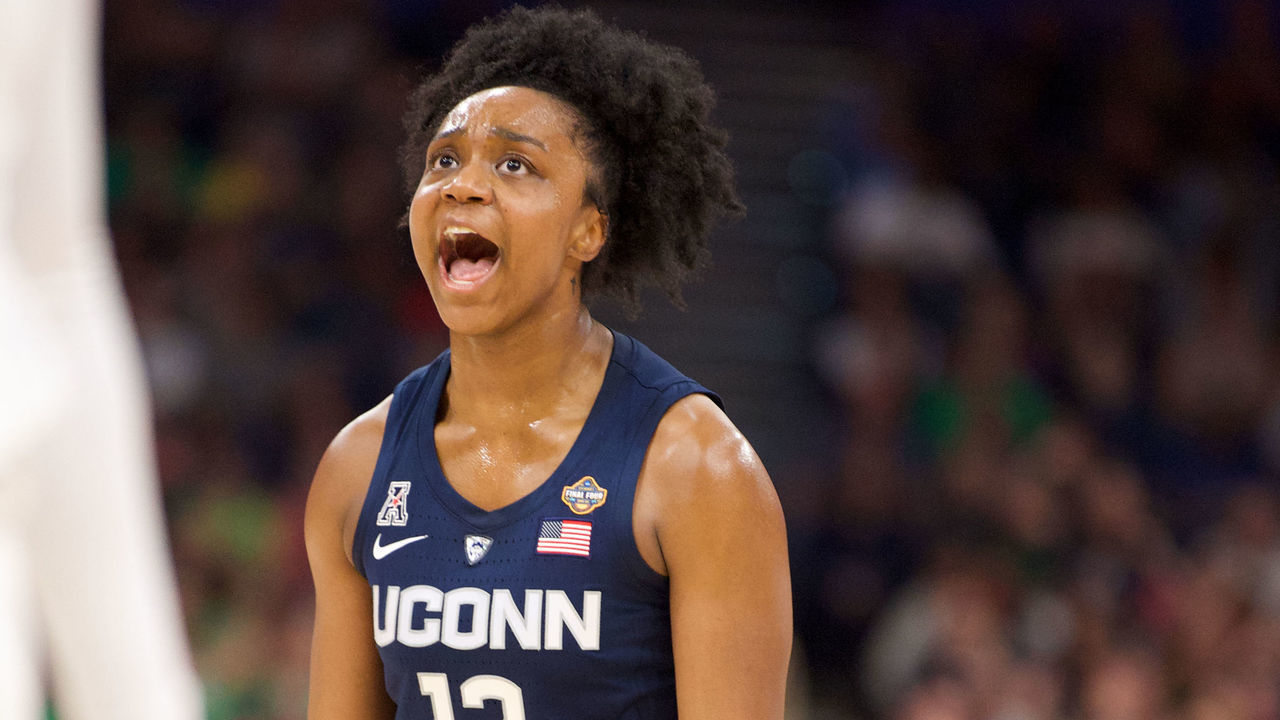 TAMPA, FL - APRIL 05: Christyn Williams #13 of the Connecticut Huskies reacts to being fouled against Notre Dame Fighting Irish at Amalie Arena on April 5, 2019 in Tampa, Florida.