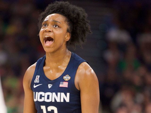 TAMPA, FL - APRIL 05: Christyn Williams #13 of the Connecticut Huskies reacts to being fouled against Notre Dame Fighting Irish at Amalie Arena on April 5, 2019 in Tampa, Florida.