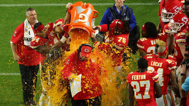 MIAMI, FLORIDA - FEBRUARY 02: Head coach Andy Reid of the Kansas City Chiefs gets dunked in Gatorade after defeating the San Francisco 49ers 31-20 in Super Bowl LIV at Hard Rock Stadium on February 02, 2020 in Miami, Florida.