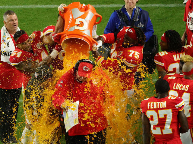 MIAMI, FLORIDA - FEBRUARY 02: Head coach Andy Reid of the Kansas City Chiefs gets dunked in Gatorade after defeating the San Francisco 49ers 31-20 in Super Bowl LIV at Hard Rock Stadium on February 02, 2020 in Miami, Florida.