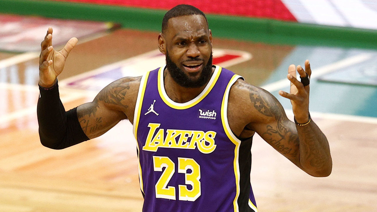 BOSTON, MASSACHUSETTS - JANUARY 30: LeBron James #23 of the Los Angeles Lakers reacts to a foul called against him during the fourth quarter at TD Garden on January 30, 2021 in Boston, Massachusetts. The Lakers defeat the Celtics 96-95.