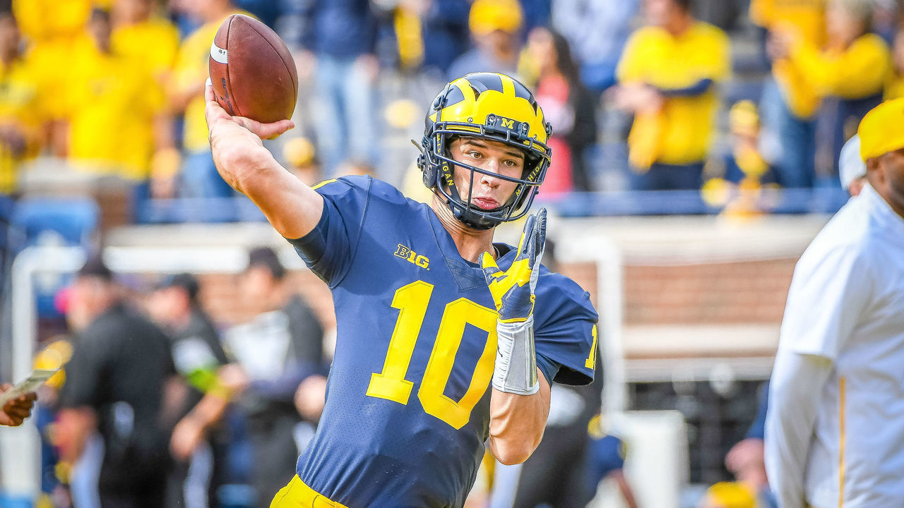 ANN ARBOR, MI - SEPTEMBER 22: Michigan Wolverines quarterback Dylan McCaffrey (10) warms up prior to the Michigan Wolverines versus Nebraska Cornhuskers game on Saturday September 22, 2018 at Michigan Stadium in Ann Arbor, MI.