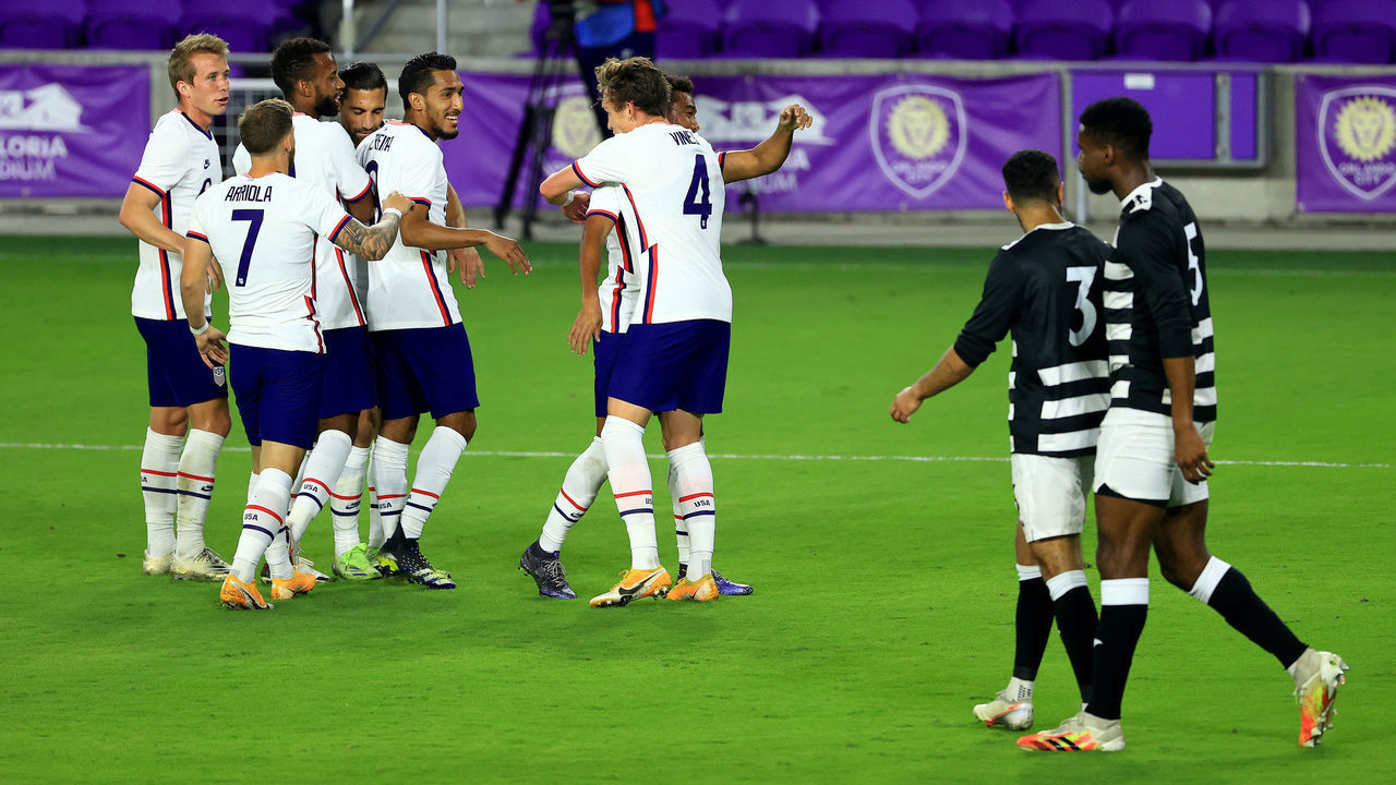 ORLANDO, FLORIDA - JANUARY 31: Jesús Ferreira #9 of the United States celebrates a goal during a game against the Trinidad and Tobago at Exploria Stadium on January 31, 2021 in Orlando, Florida.