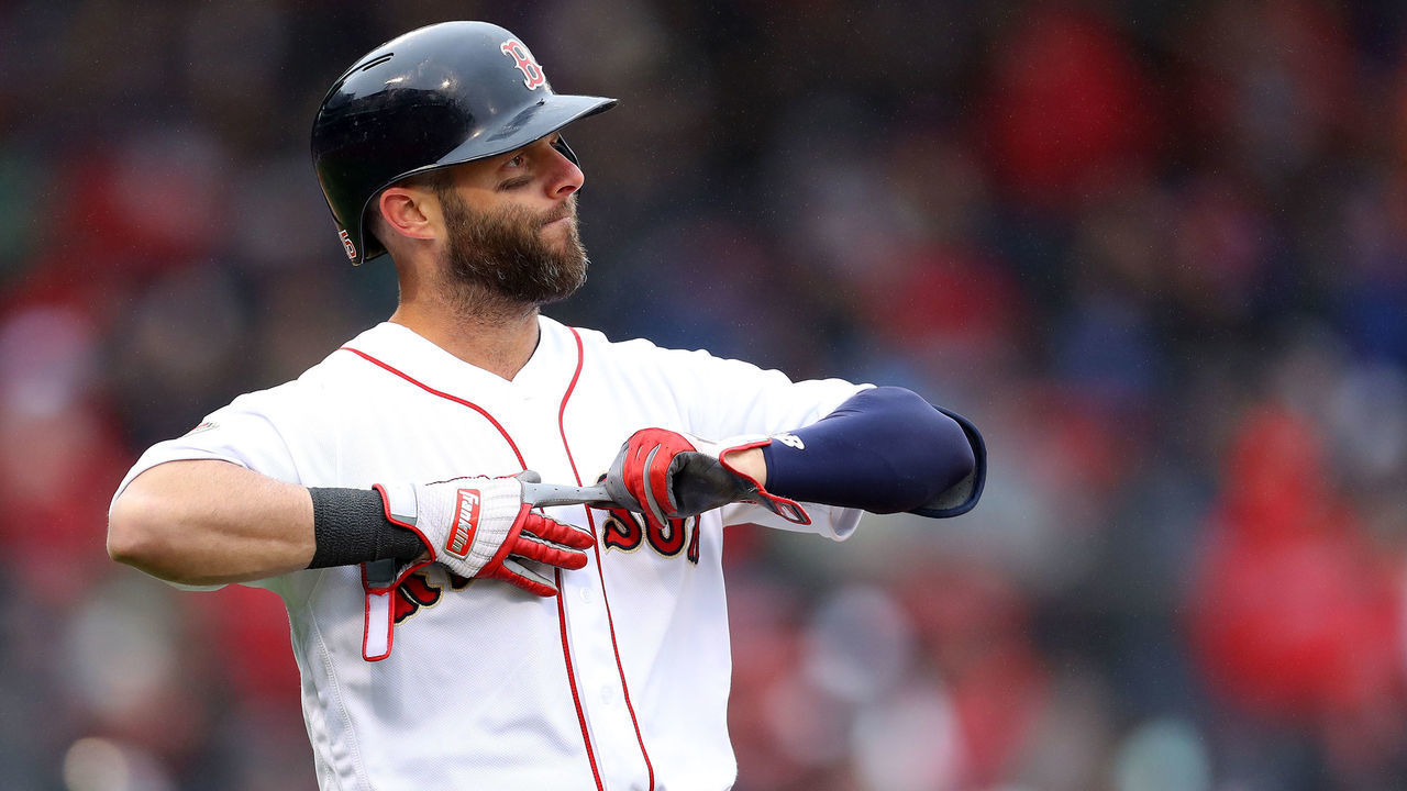 BOSTON, MASSACHUSETTS - APRIL 09: Dustin Pedroia #15 of the Boston Red Sox reacts during the sixth inning of the Red Sox home opening game against the Toronto Blue Jays at Fenway Park on April 09, 2019 in Boston, Massachusetts.