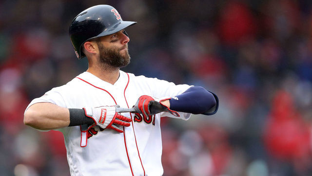 BOSTON, MASSACHUSETTS - APRIL 09: Dustin Pedroia #15 of the Boston Red Sox reacts during the sixth inning of the Red Sox home opening game against the Toronto Blue Jays at Fenway Park on April 09, 2019 in Boston, Massachusetts.