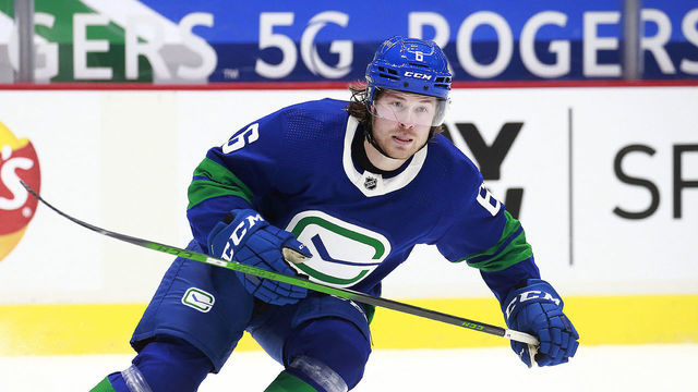 VANCOUVER, BC - JANUARY 23: Brock Boeser #6 of the Vancouver Canucks skates up ice during their NHL game against the Montreal Canadiens at Rogers Arena January 23, 2021 in Vancouver, British Columbia, Canada. "n