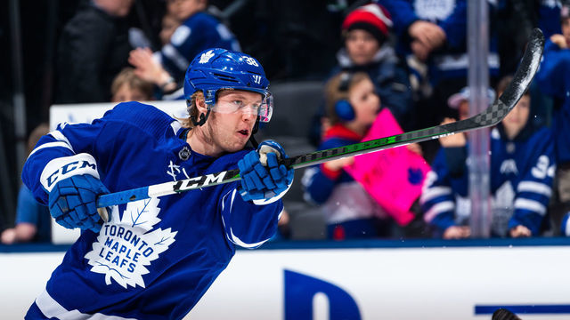 TORONTO, ON - FEBRUARY 29: Rasmus Sandin #38 of the Toronto Maple Leafs during warm up before a game against the Vancouver Canucks at the Scotiabank Arena on February 29, 2020 in Toronto, Ontario, Canada.