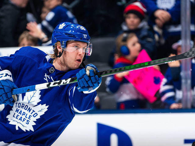 TORONTO, ON - FEBRUARY 29: Rasmus Sandin #38 of the Toronto Maple Leafs during warm up before a game against the Vancouver Canucks at the Scotiabank Arena on February 29, 2020 in Toronto, Ontario, Canada.