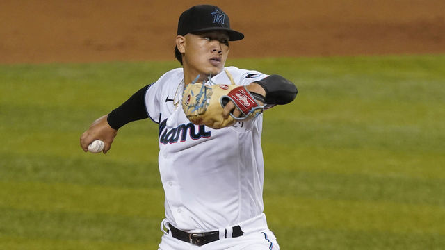 MIAMI, FLORIDA - AUGUST 17: Jordan Yamamoto #50 of the Miami Marlins delivers a pitch against the New York Mets at Marlins Park on August 17, 2020 in Miami, Florida.
