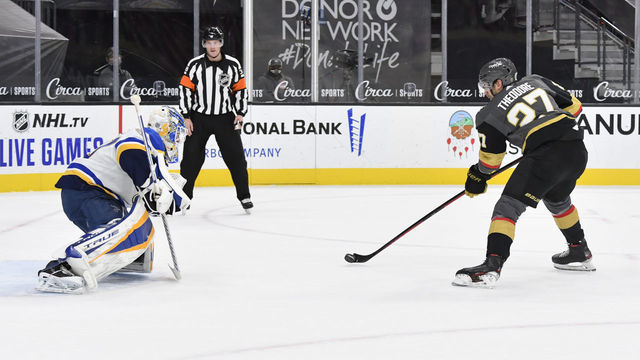 LAS VEGAS, NEVADA - JANUARY 26: Shea Theodore #27 of the Vegas Golden Knights scores a goal in a shoot out against the St. Louis Blues at T-Mobile Arena on January 26, 2021 in Las Vegas, Nevada.