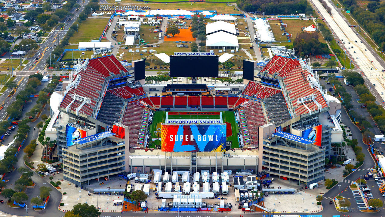 TAMPA, FLORIDA - JANUARY 31: An aerial view of Raymond James Stadium ahead of Super Bowl LV on January 31, 2021 in Tampa, Florida.