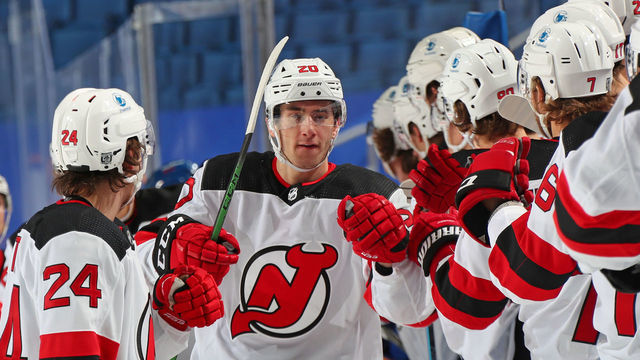 BUFFALO, NY - JANUARY 31: Michael McLeod #20 of the New Jersey Devils celebrates his third period goal against the Buffalo Sabres during an NHL game on January 31, 2021 at KeyBank Center in Buffalo, New York.