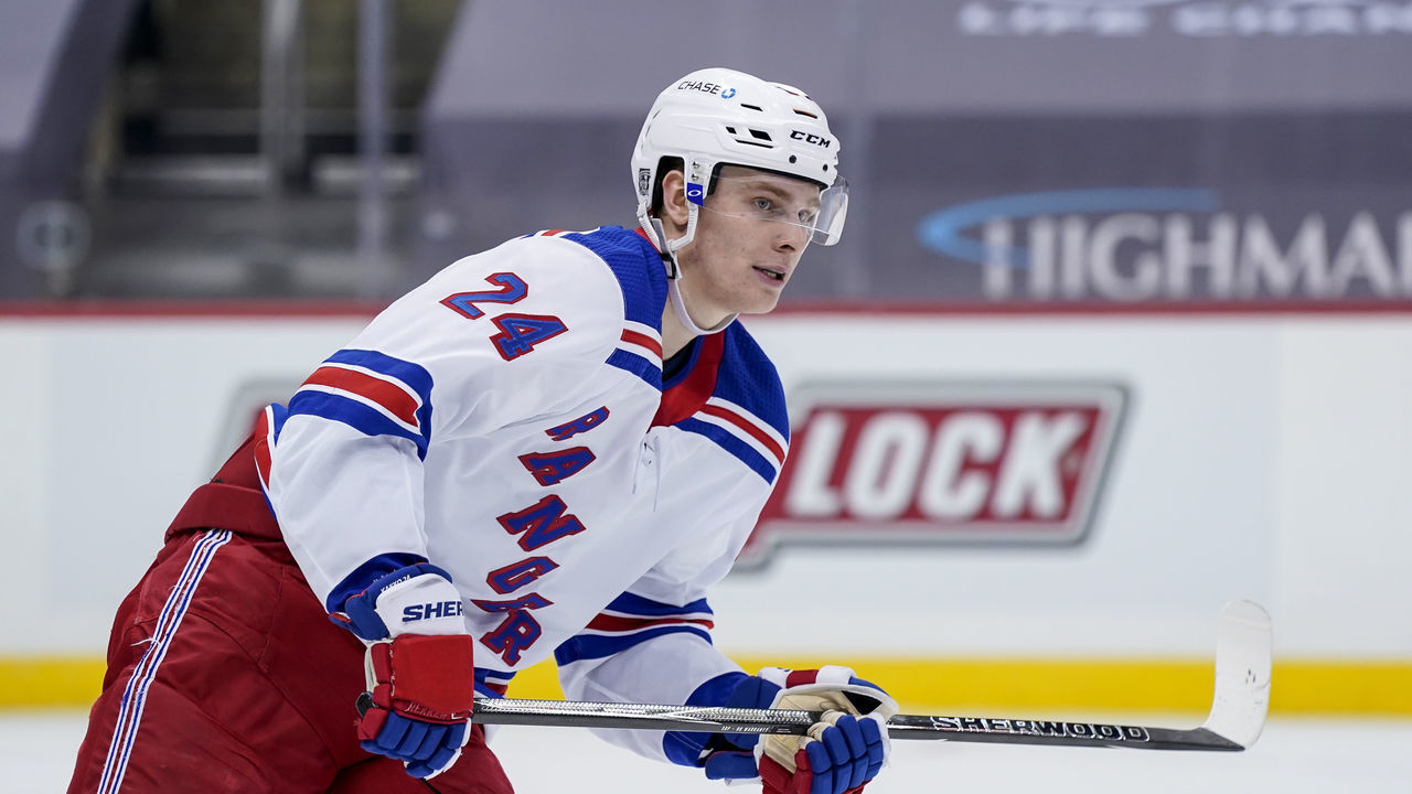 PITTSBURGH, PA - JANUARY 24: New York Rangers Right Wing Kaapo Kakko (24) looks on during the second period in the NHL game between the Pittsburgh Penguins and the New York Rangers on January 24, 2021, at PPG Paints Arena in Pittsburgh, PA.