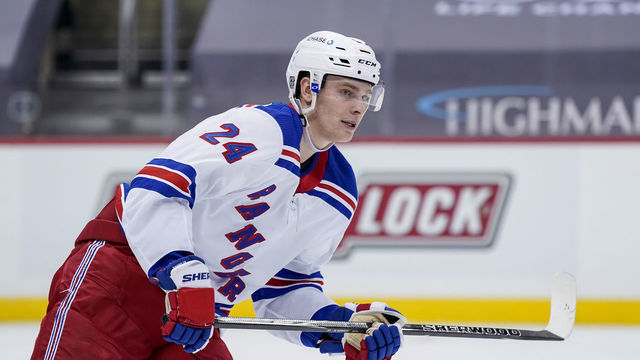 PITTSBURGH, PA - JANUARY 24: New York Rangers Right Wing Kaapo Kakko (24) looks on during the second period in the NHL game between the Pittsburgh Penguins and the New York Rangers on January 24, 2021, at PPG Paints Arena in Pittsburgh, PA.