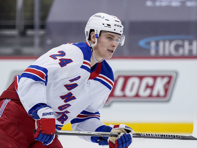 PITTSBURGH, PA - JANUARY 24: New York Rangers Right Wing Kaapo Kakko (24) looks on during the second period in the NHL game between the Pittsburgh Penguins and the New York Rangers on January 24, 2021, at PPG Paints Arena in Pittsburgh, PA.