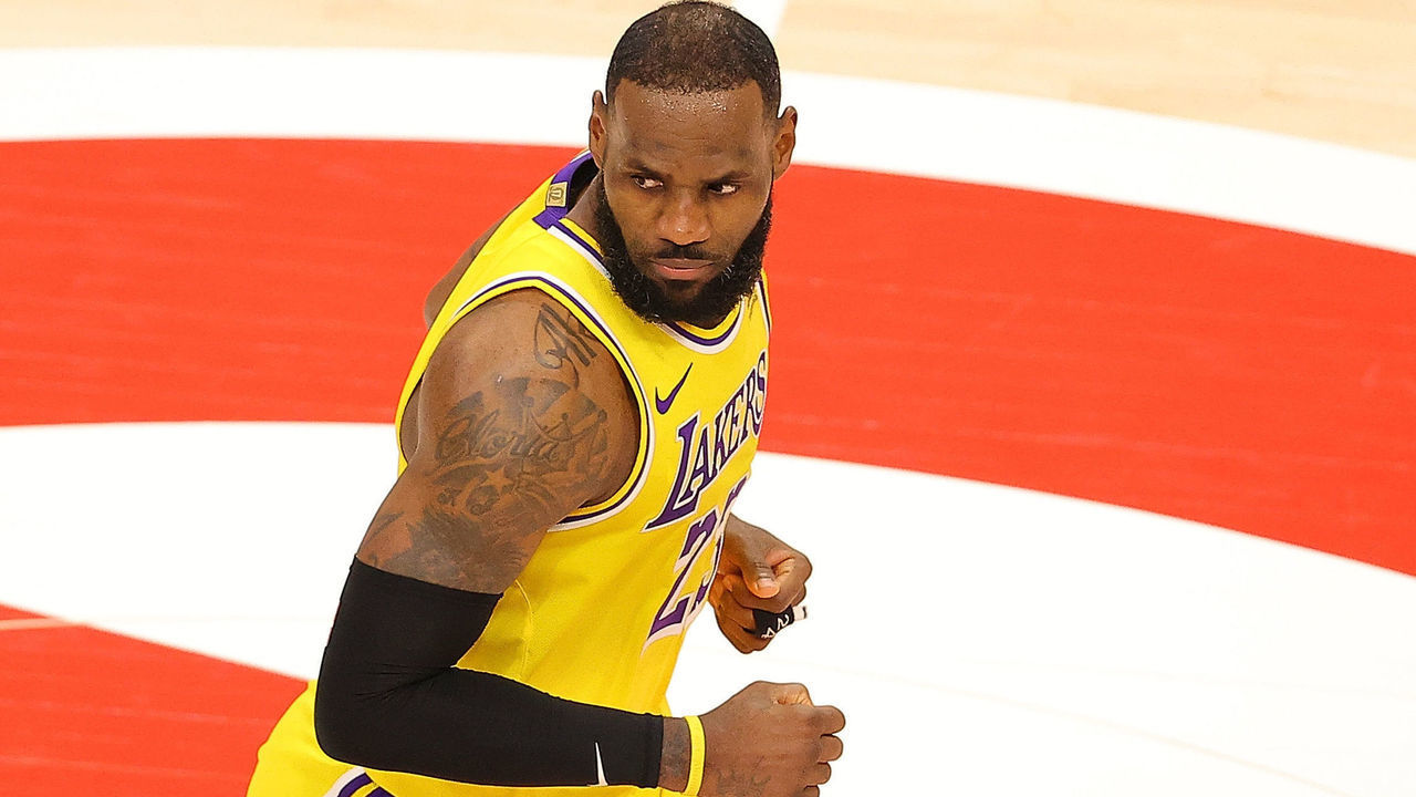 ATLANTA, GEORGIA - FEBRUARY 01: LeBron James #23 of the Los Angeles Lakers reacts after hitting a three-point basket against the Atlanta Hawks during the second half at State Farm Arena on February 01, 2021 in Atlanta, Georgia.