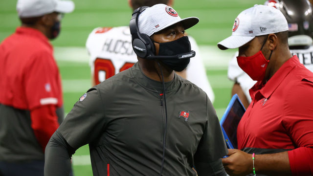 DETROIT, MICHIGAN - DECEMBER 26: Tampa Bay Buccaneers Offensive Coordinator Byron Leftwich looks on during a game against the Detroit Lions at Ford Field on December 26, 2020 in Detroit, Michigan.