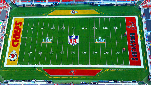 TAMPA, FLORIDA - JANUARY 31: An aerial view of Raymond James Stadium ahead of Super Bowl LV on January 31, 2021 in Tampa, Florida.