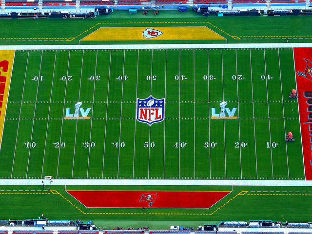 TAMPA, FLORIDA - JANUARY 31: An aerial view of Raymond James Stadium ahead of Super Bowl LV on January 31, 2021 in Tampa, Florida.