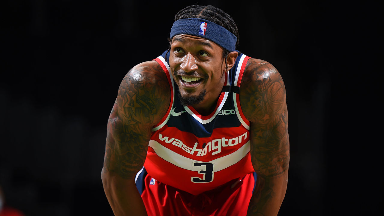BOSTON, MA - JANUARY 8: Bradley Beal #3 of the Washington Wizards smiles during the game against the Boston Celtics on January 8, 2021 at the TD Garden in Boston, Massachusetts. Mandatory Copyright Notice: Copyright 2021 NBAE