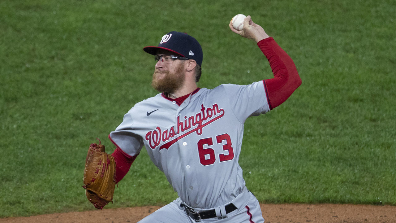 PHILADELPHIA, PA - SEPTEMBER 03: Sean Doolittle #63 of the Washington Nationals throws a pitch against the Philadelphia Phillies at Citizens Bank Park on September 3, 2020 in Philadelphia, Pennsylvania. The Phillies defeated the Nationals 6-5 in extra innings.