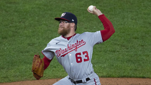 PHILADELPHIA, PA - SEPTEMBER 03: Sean Doolittle #63 of the Washington Nationals throws a pitch against the Philadelphia Phillies at Citizens Bank Park on September 3, 2020 in Philadelphia, Pennsylvania. The Phillies defeated the Nationals 6-5 in extra innings.