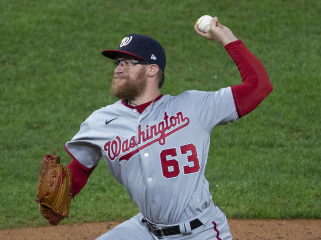 PHILADELPHIA, PA - SEPTEMBER 03: Sean Doolittle #63 of the Washington Nationals throws a pitch against the Philadelphia Phillies at Citizens Bank Park on September 3, 2020 in Philadelphia, Pennsylvania. The Phillies defeated the Nationals 6-5 in extra innings.